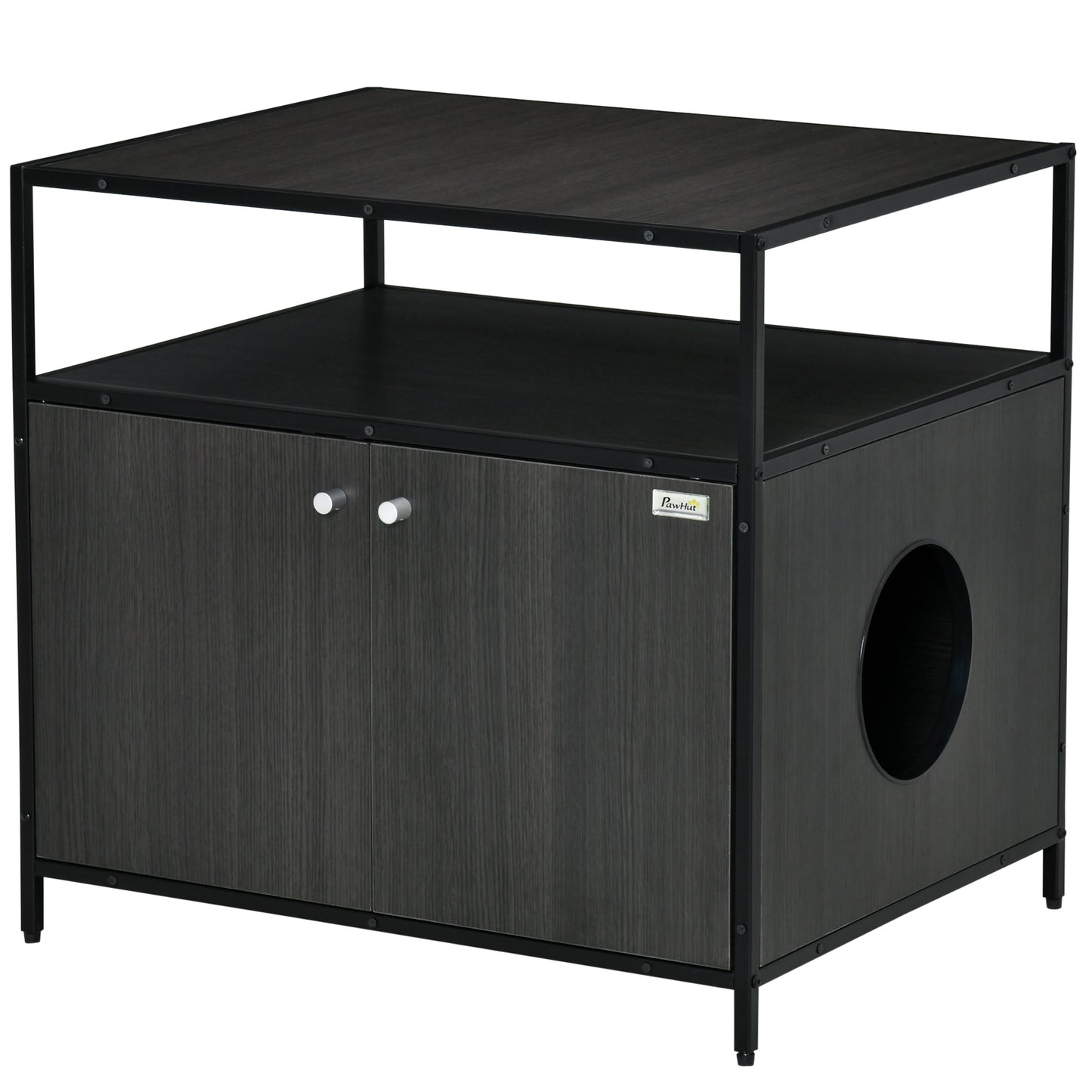 Cat Litter Cabinet in Wood and Steel with 2 Magnetic Doors, 70x55x65.5cm - Black