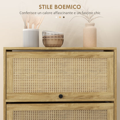 Boho Style Kitchen Cabinet with 4 Drop-Door Doors, Chipboard and Rattan, 70x32x132.8 cm - Borgè