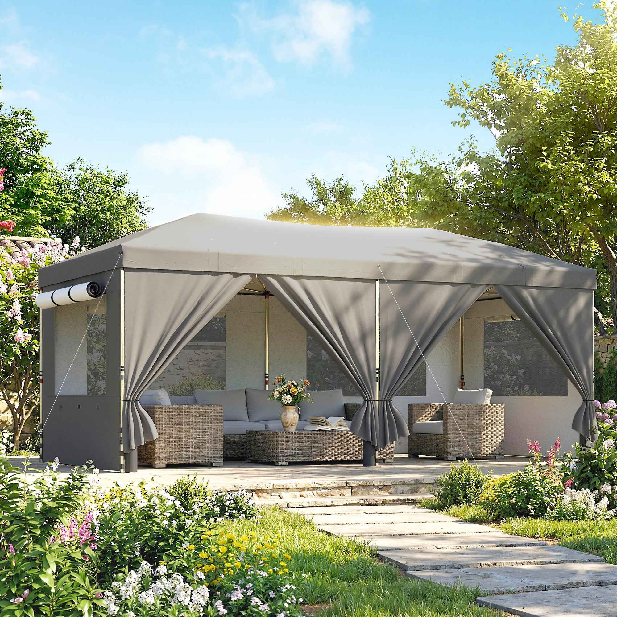 Outsunny 3x6m Pop Up Folding Gazebo with 6 Side Walls, Sandbags, Wheeled Bag, UV50+, Dark Grey