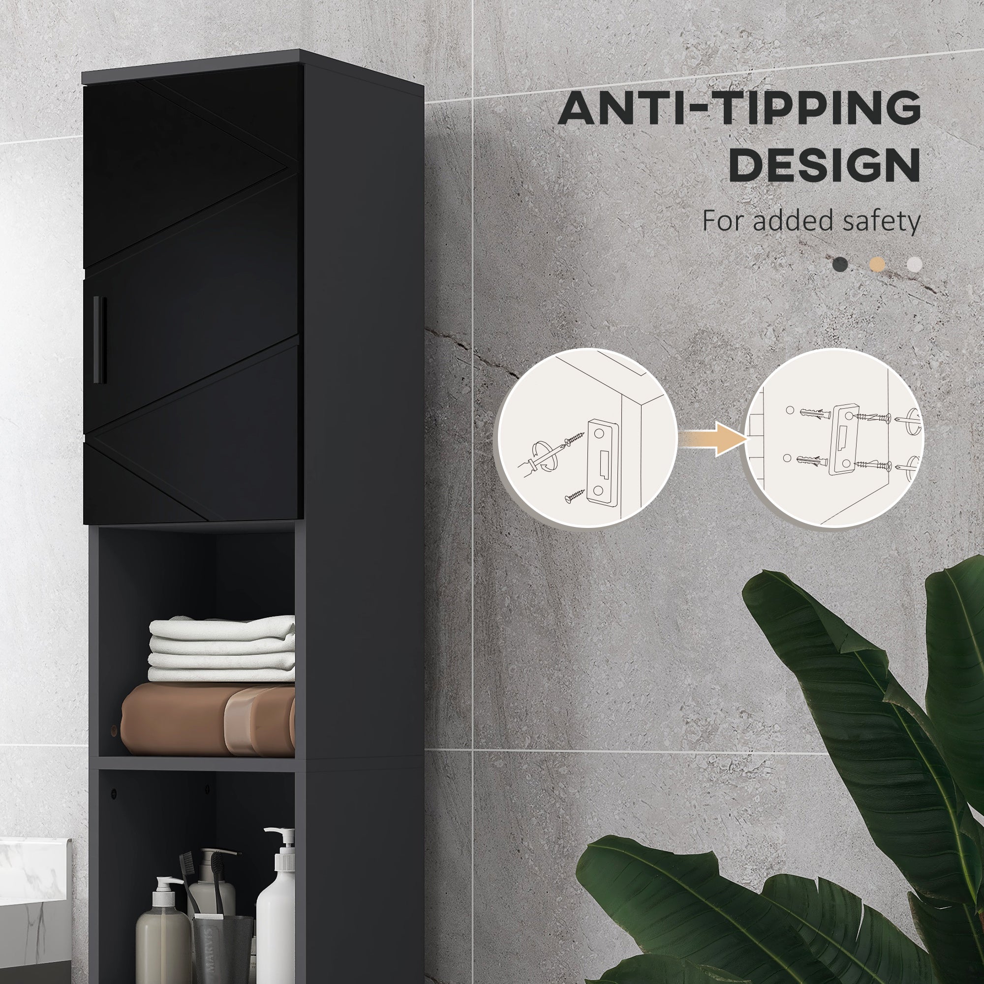 kleankin Bathroom Column in Chipboard with 2 Open Shelves and 2 2-Tier Cabinets, 30x30x183 cm, Black and Gray - Borgè