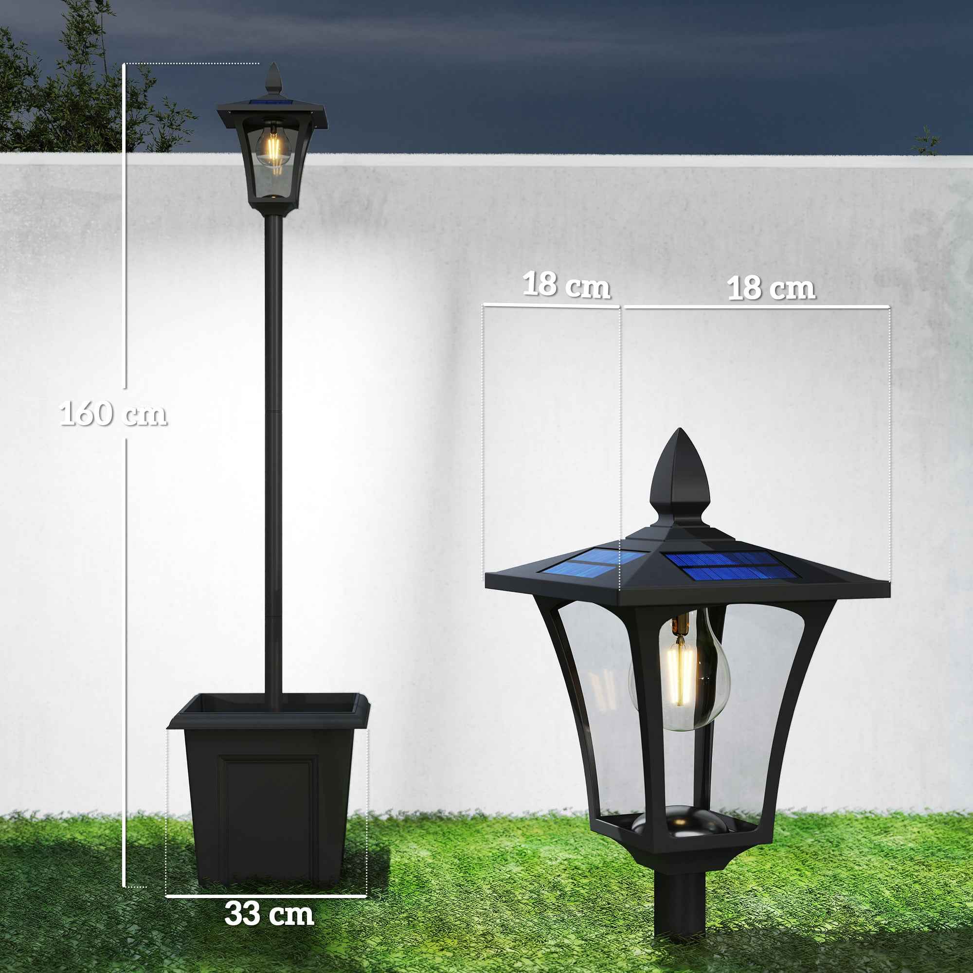 Outsunny 1.6m Solar Garden Lamp Aluminum, Automatic Switch-On, IP44 Waterproof, Black