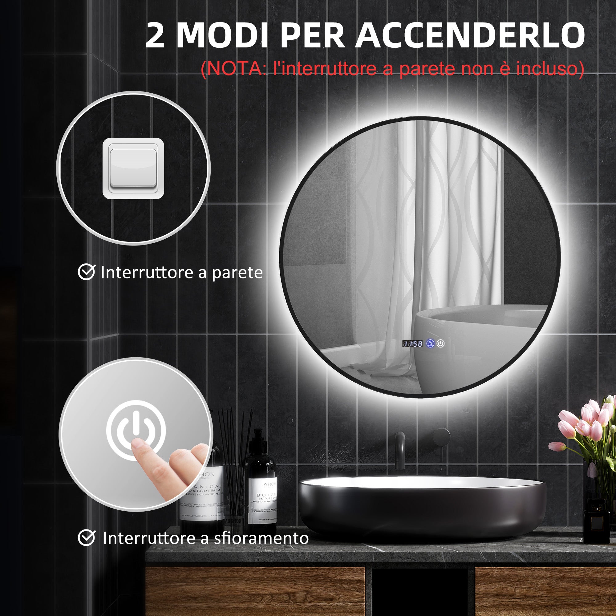 Bathroom Mirror with Adjustable LED Light, Anti-fog and Time and Temperature Display, Ø70 cm, Black