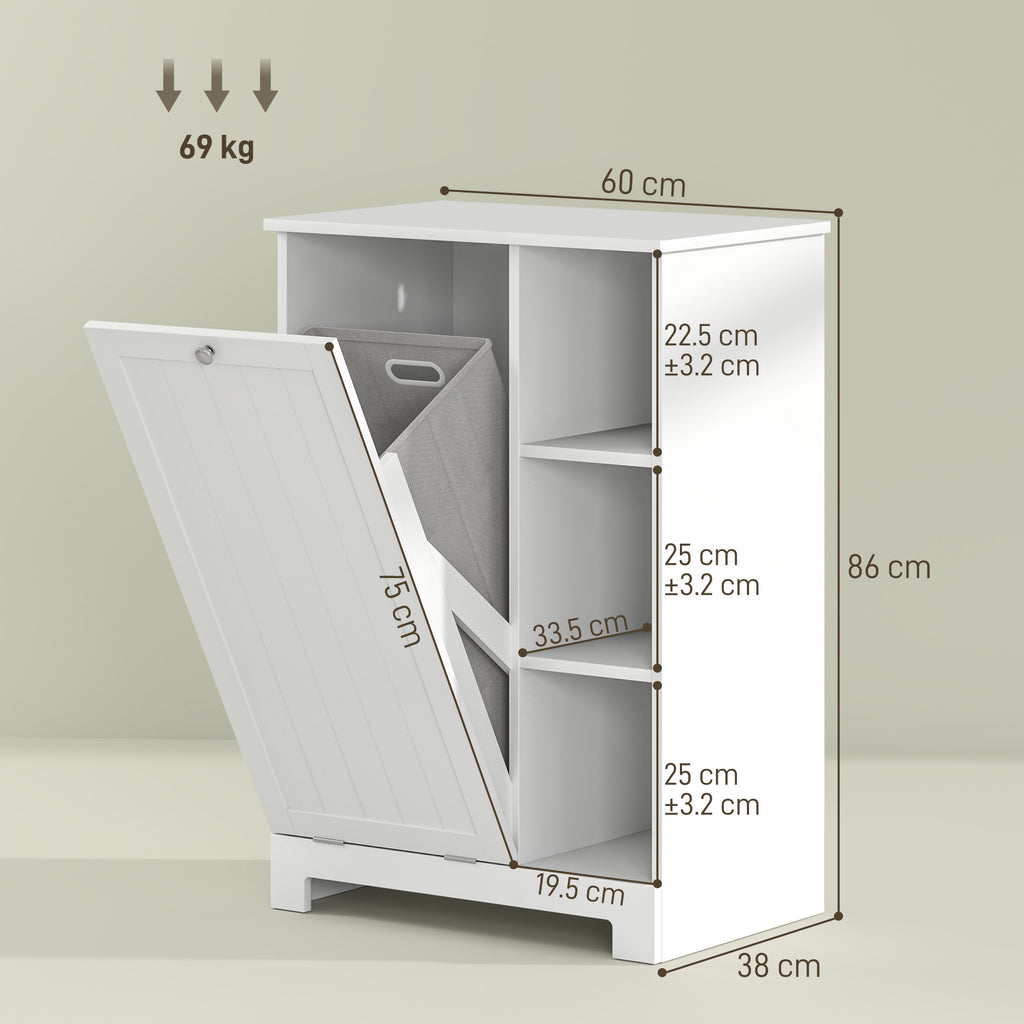 Bathroom Laundry Cabinet with Removable Basket and Adjustable Shelves, 60x38x86 cm, White