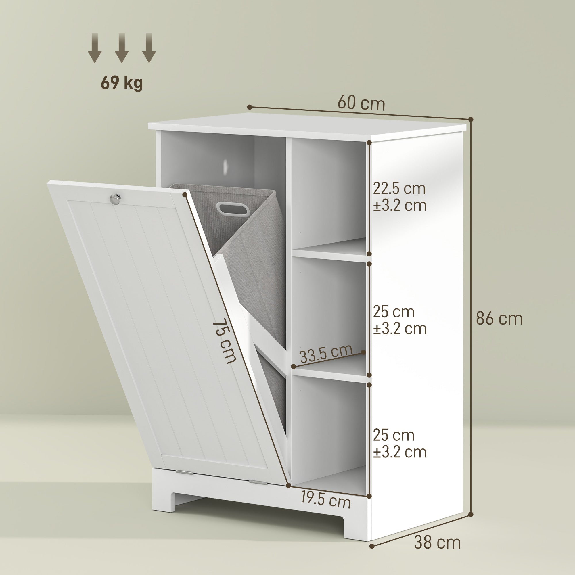 Bathroom Laundry Cabinet with Removable Basket and Adjustable Shelves, 60x38x86 cm, White