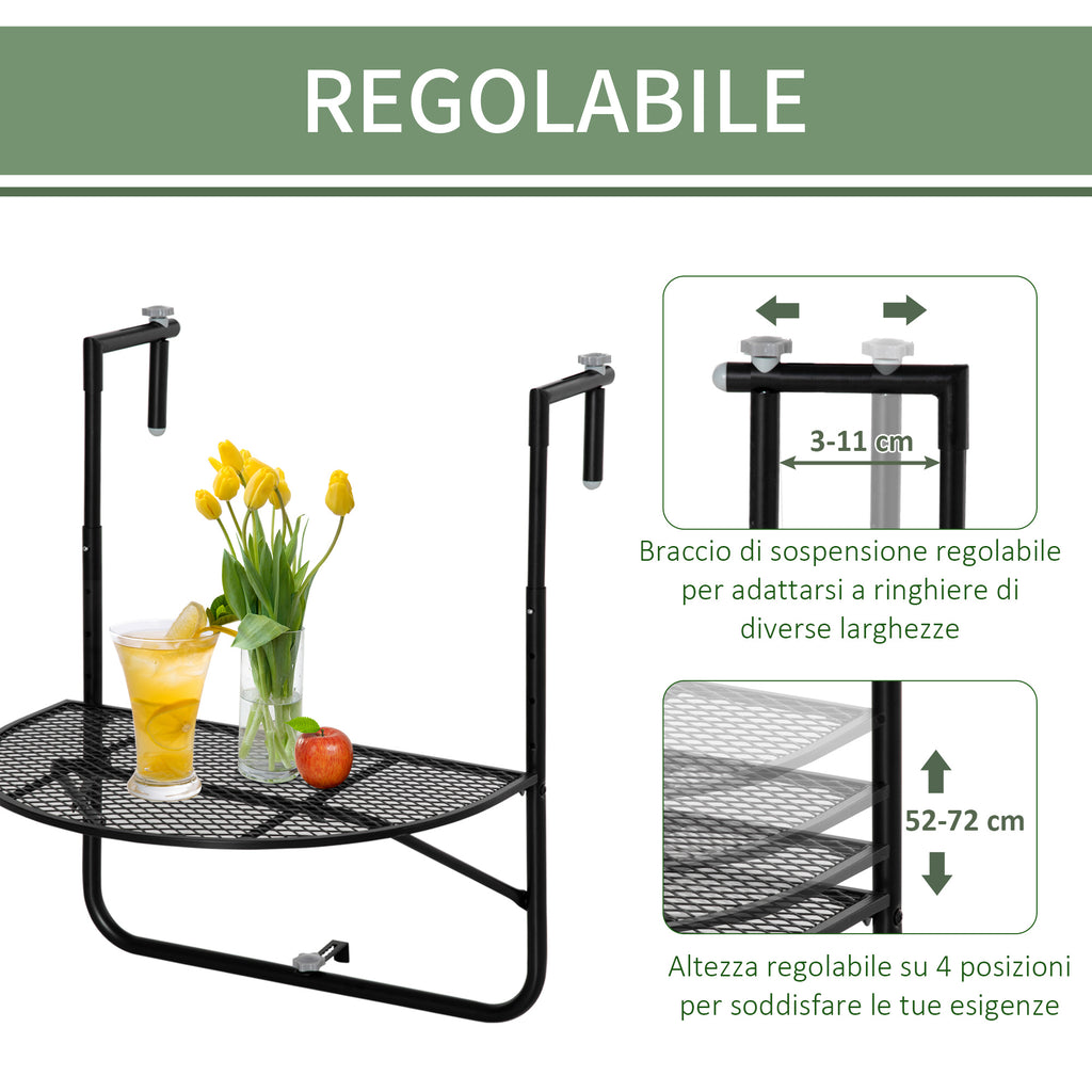 Folding and Adjustable Metal Railing Table, 60x60x57-72cm, Black