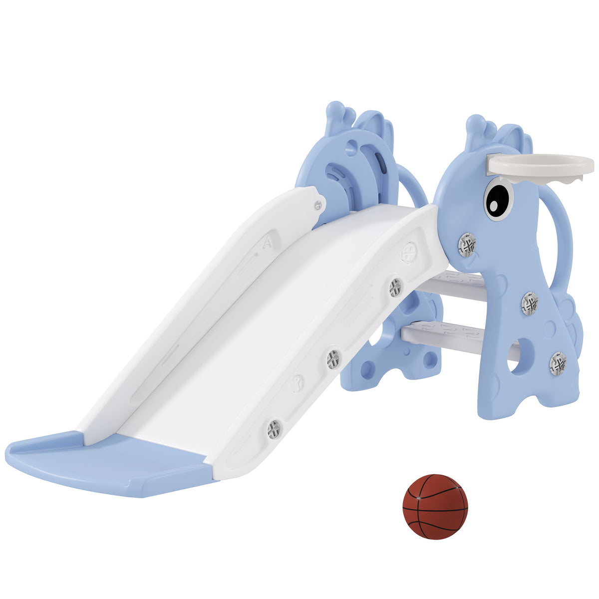 AIYAPLAY Kids Slide with Ladder, Basketball Hoop and Ball, Giraffe Design, for Children 1-3 Years Old, Blue