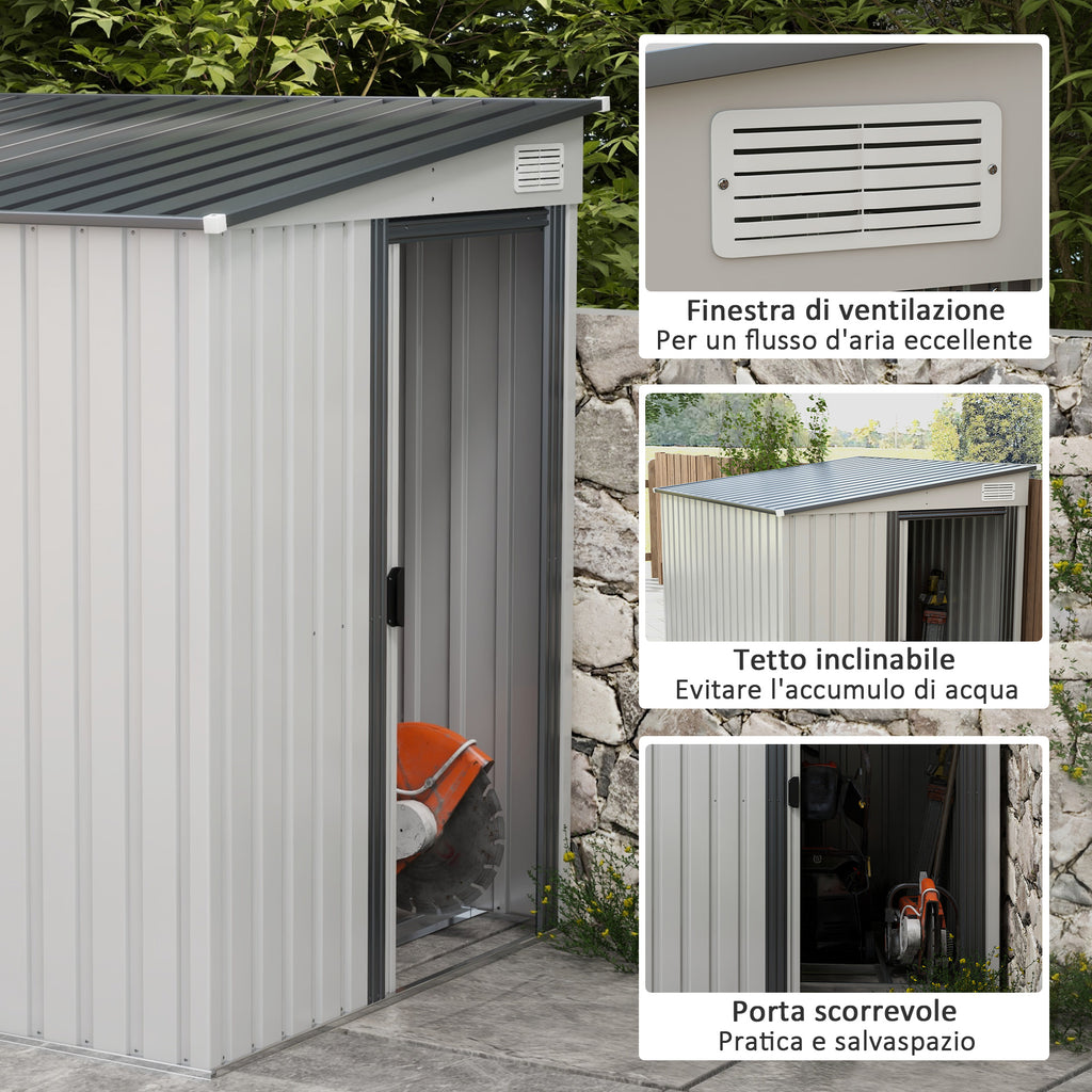 Metal Tool Shed 1.5x2m with Base, Sliding Door and Sloping Roof, White
