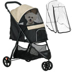 3-Wheel Folding Small Dog Stroller with Rain Cover and Basket, Khaki