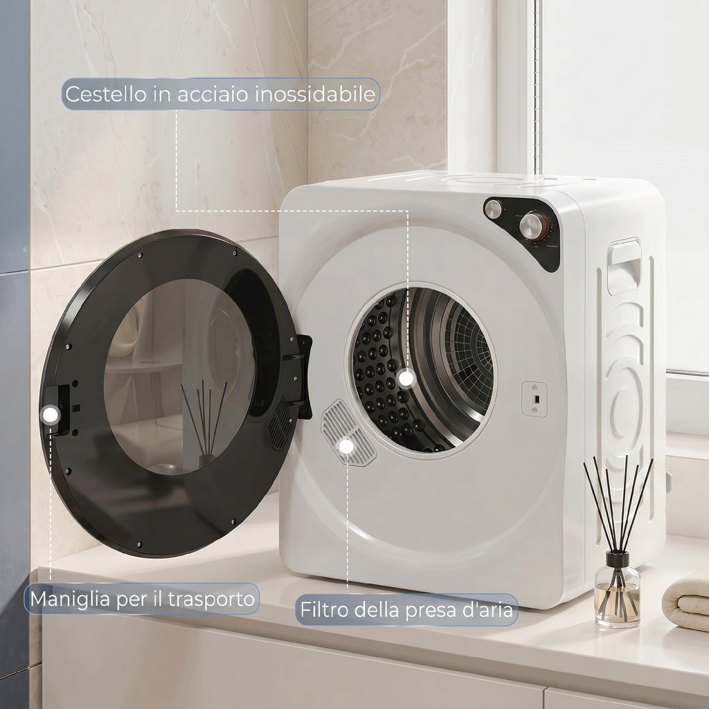 HOMCOM 1000W Portable Dryer with 5 Programs and Timer, in PCM and Stainless Steel, 49x43x61 cm, White