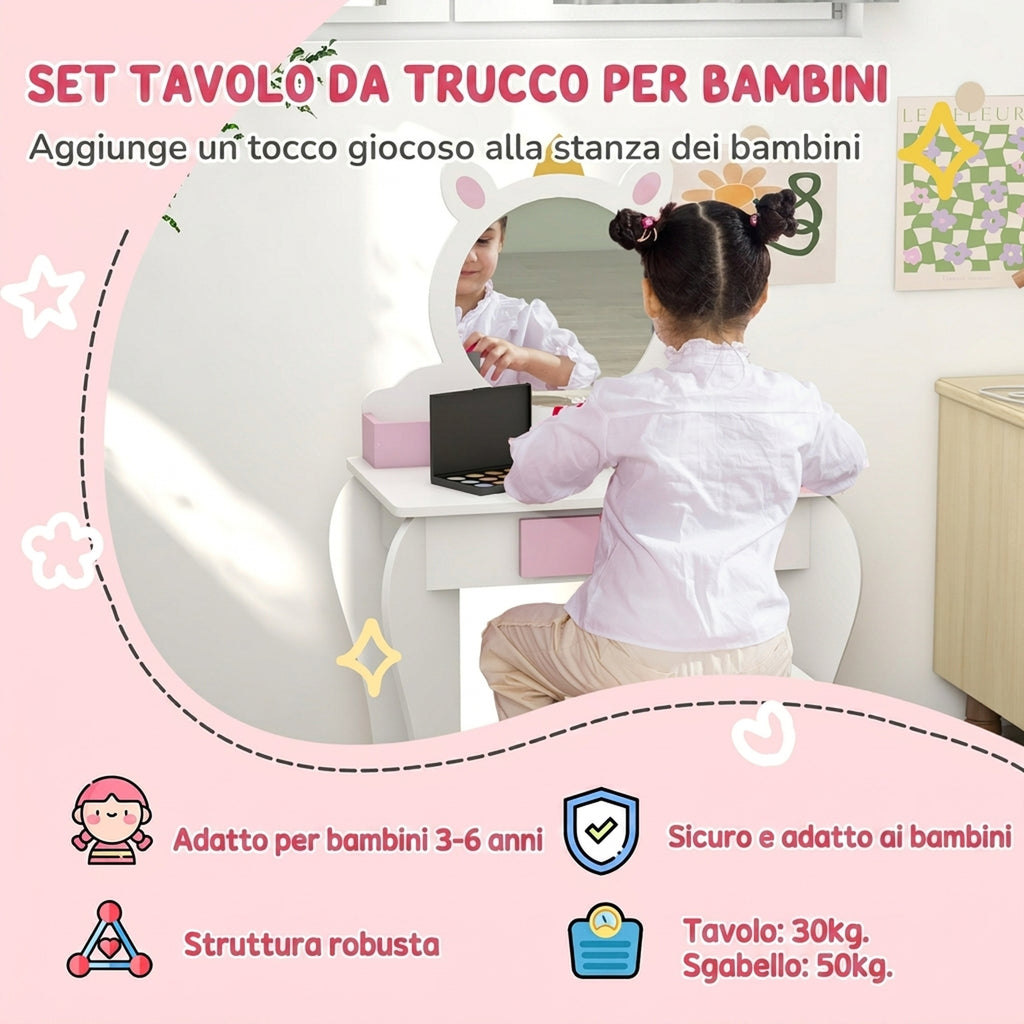 ZONEKIZ Girls' Vanity Makeup Set with Stool, Acrylic Mirror, 2 Storage Boxes, Unicorn Design, Pink