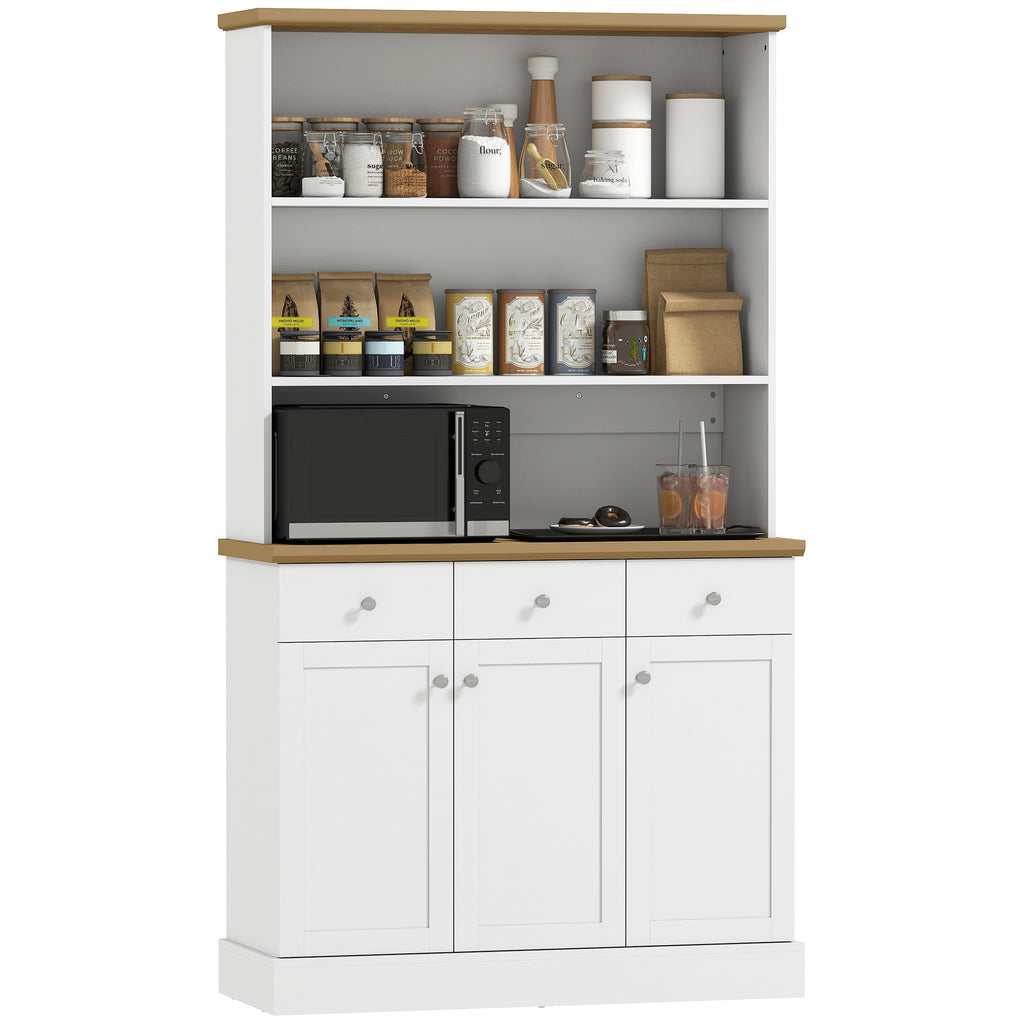 Kitchen Pantry with 3 Open Shelves, 3 Drawers and 2 Cabinets, Wooden, 101x39x180.5 cm, White and Wood Color