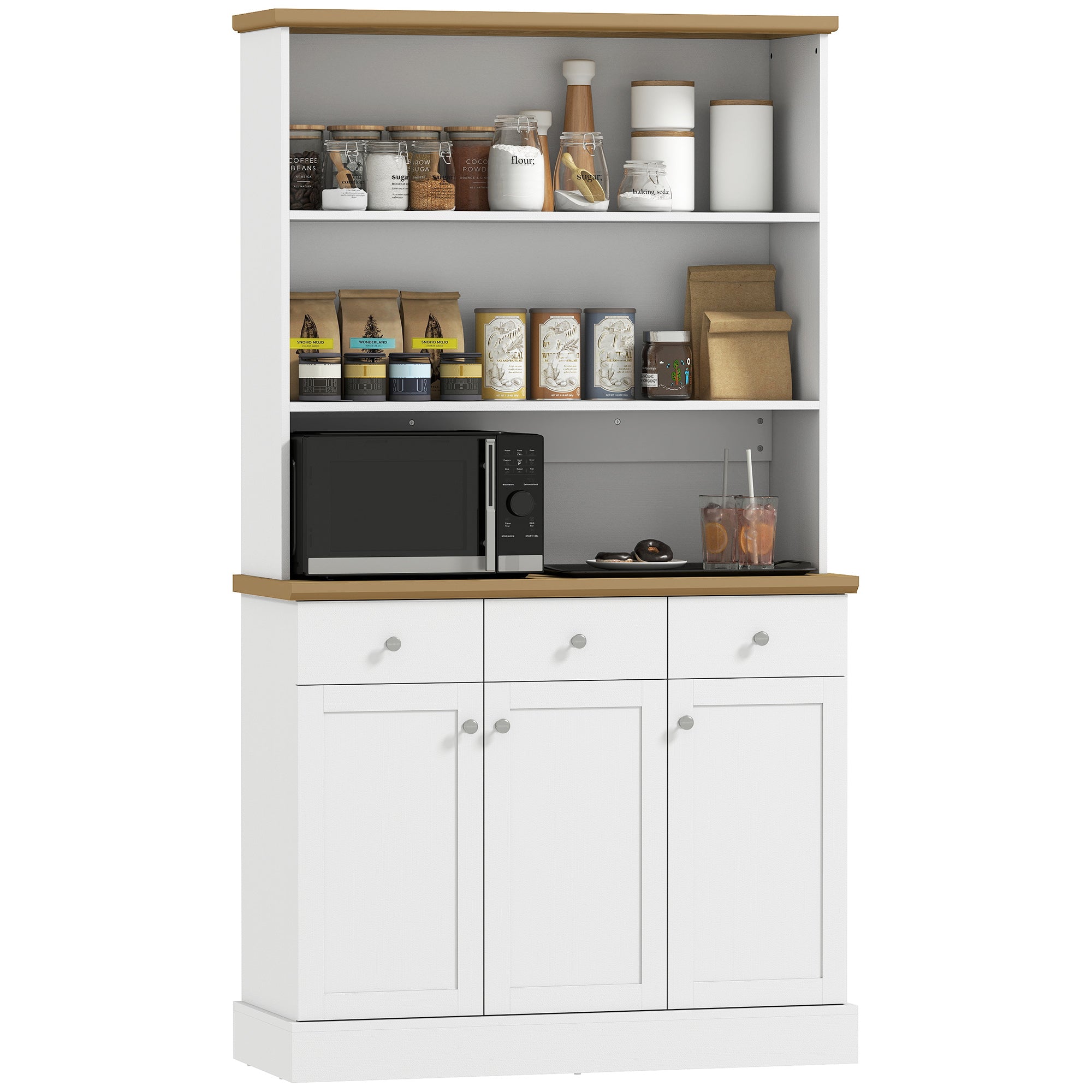 Kitchen Pantry with 3 Open Shelves, 3 Drawers and 2 Cabinets, Wooden, 101x39x180.5 cm, White and Wood Color