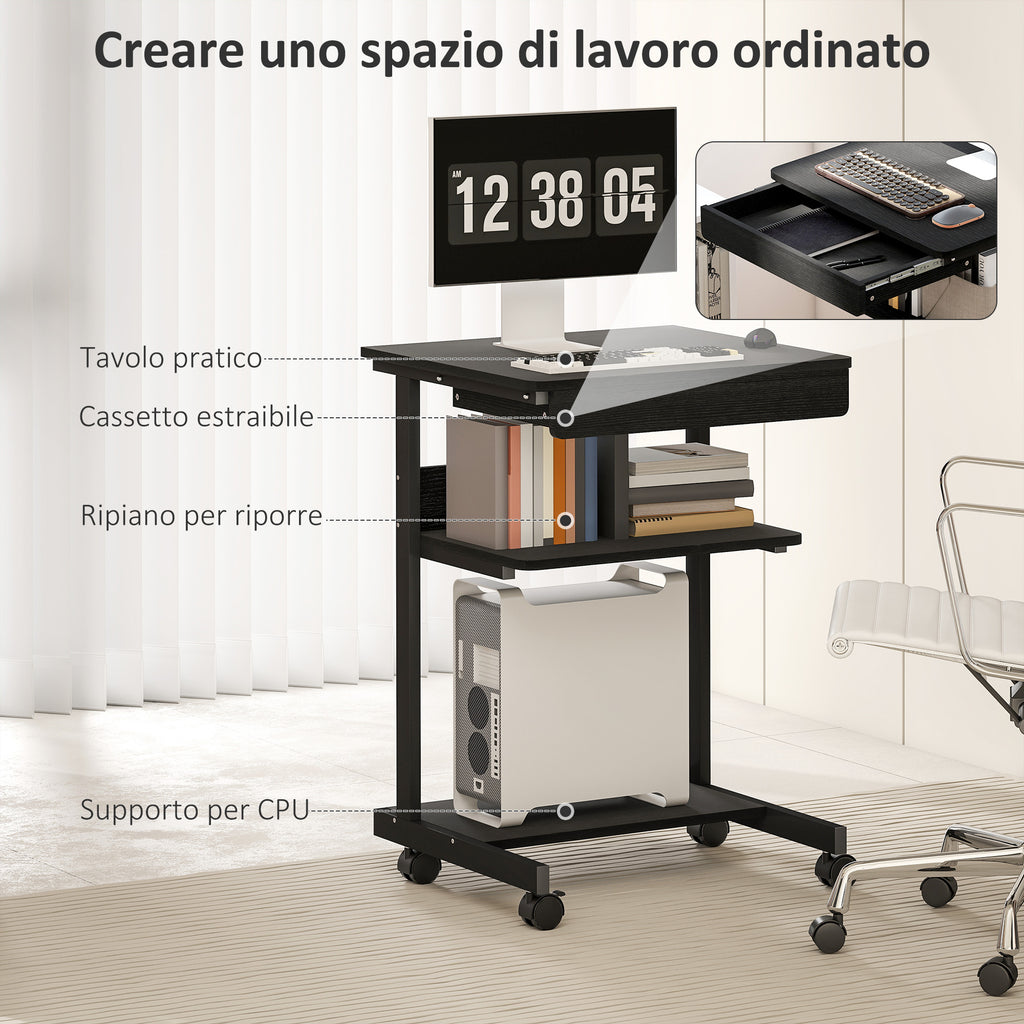 PC Desk with Sliding Drawer, 2 Shelves and 4 Wheels, in Wood and Metal, 56x51x79 cm, Black
