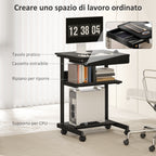 PC Desk with Sliding Drawer, 2 Shelves and 4 Wheels, in Wood and Metal, 56x51x79 cm, Black