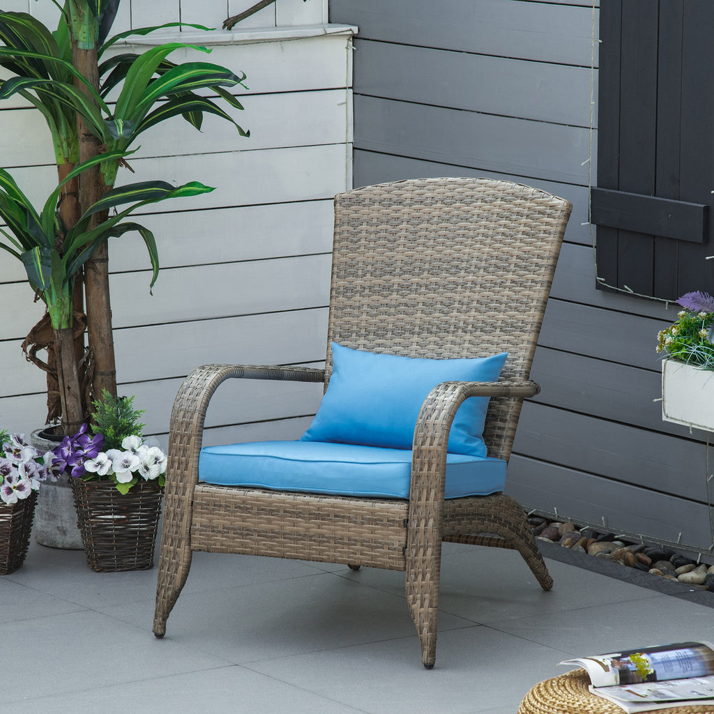 Outsunny Garden Chair Adironrack with armrests, in Rattan and Steel, 65x86x90 cm, brown and blue - Borgè