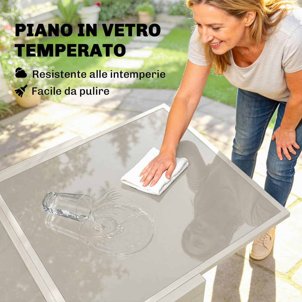 Outsunny Extendable Outdoor Aluminum Table, Tempered Glass Top, Cream White.