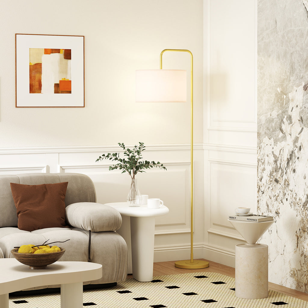 HOMCOM Arched Floor Lamp with Linen-Effect Fabric Shade and Steel Foot Switch, Gold