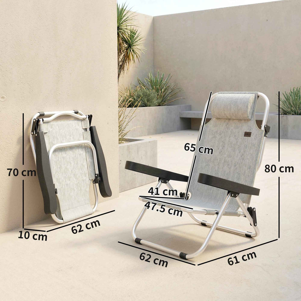 Outsunny Set of 2 Folding and Reclining 4-Position Deck Chairs with Headrest, Aluminum, 62x61x80 cm, Gray