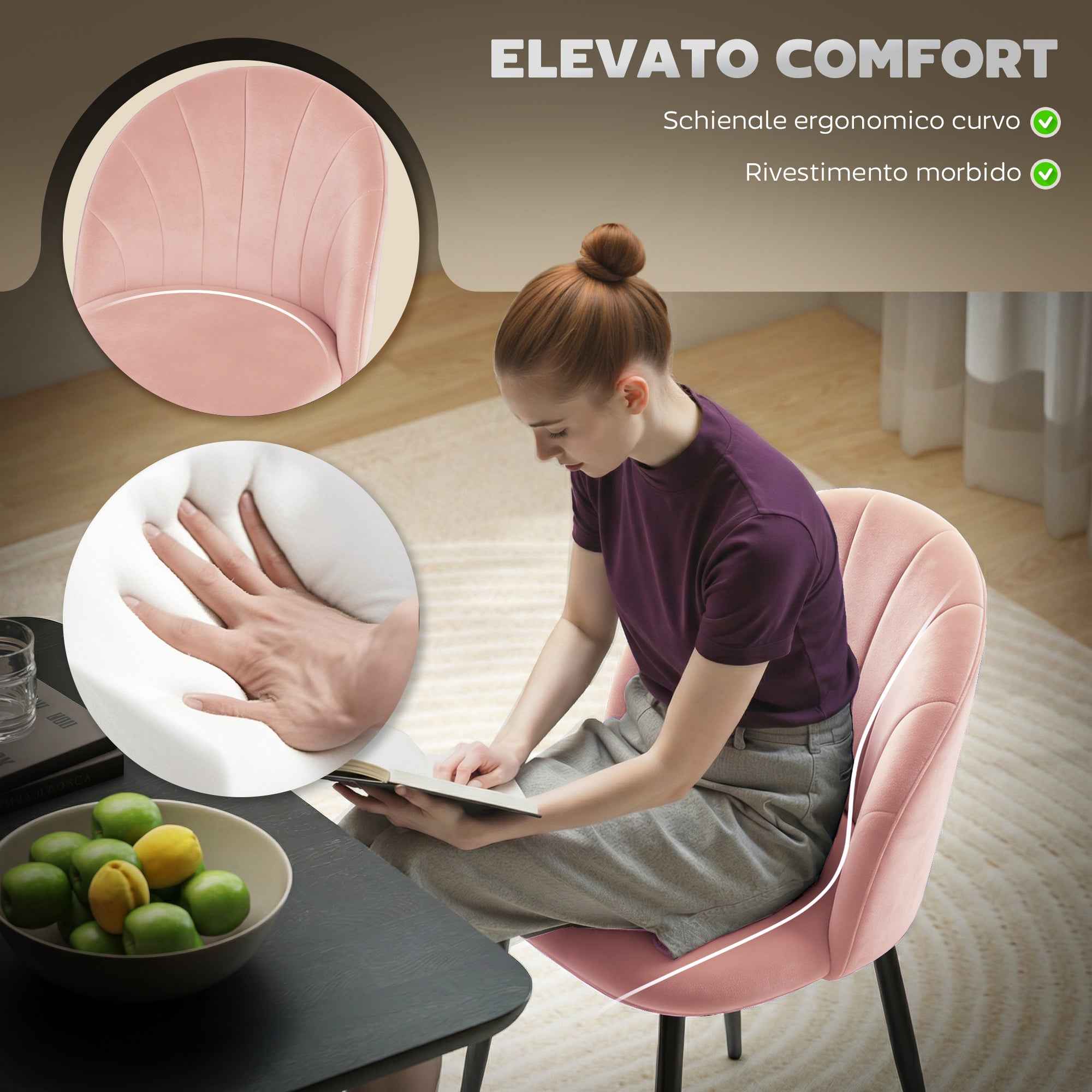 Set of 2 Velvet Shell-Back Dining Chairs, 52 x 55 x 79 cm, Pink