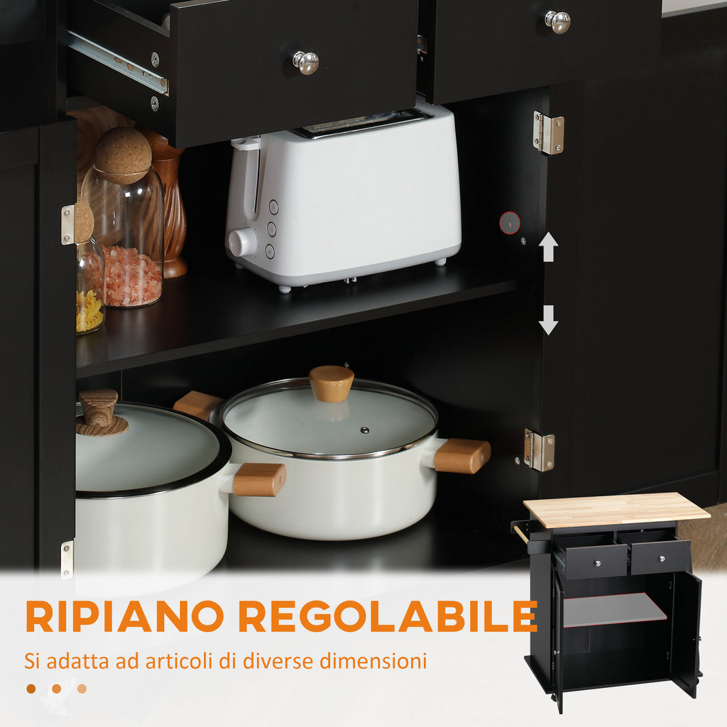Kitchen Trolley with Cabinet, 2 Drawers and Spice Rack, Wooden Kitchen Island, 89x45x89.5cm, Black