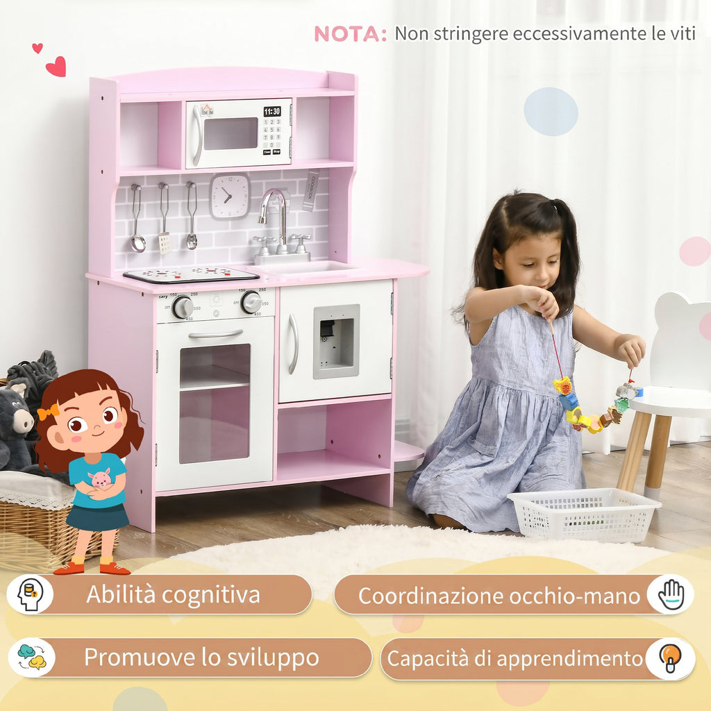 HOMCOM Kids' Play Kitchen with Stove, Lights and Sounds, Microwave, Water Dispenser, Ages 3-6, Pink