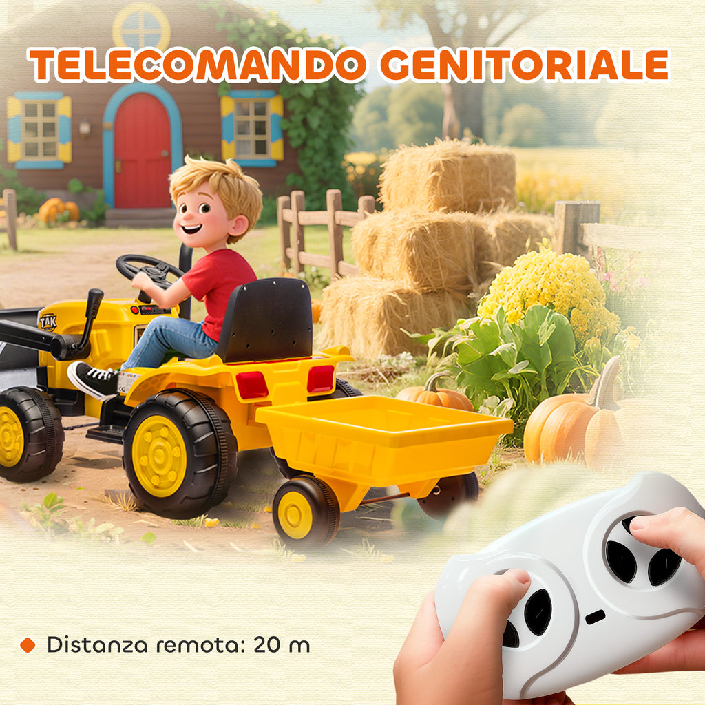 AIYAPLAY 12V Electric Excavator for Kids with Bucket, Trailer and Remote Control, Ages 3-8 Years, Yellow