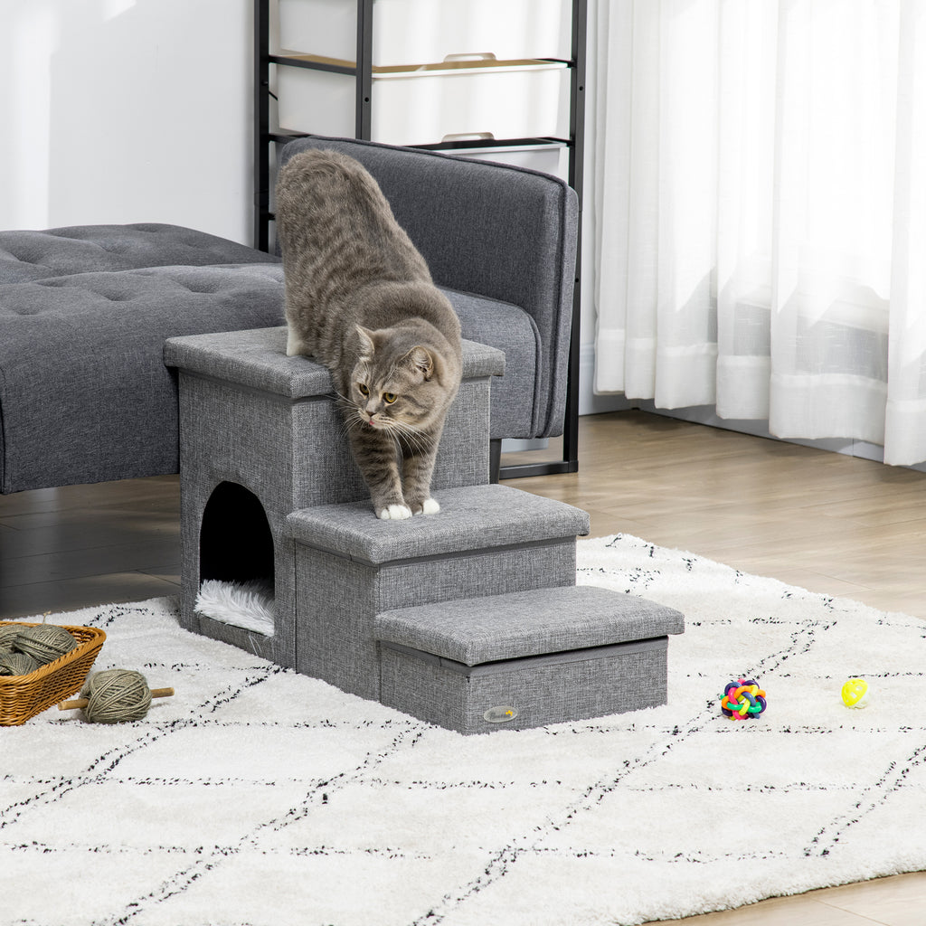 3-Step Dog and Cat Ladder 10kg max with Dog House and Storage Space, 73.5x33x40.5 cm, Grey
