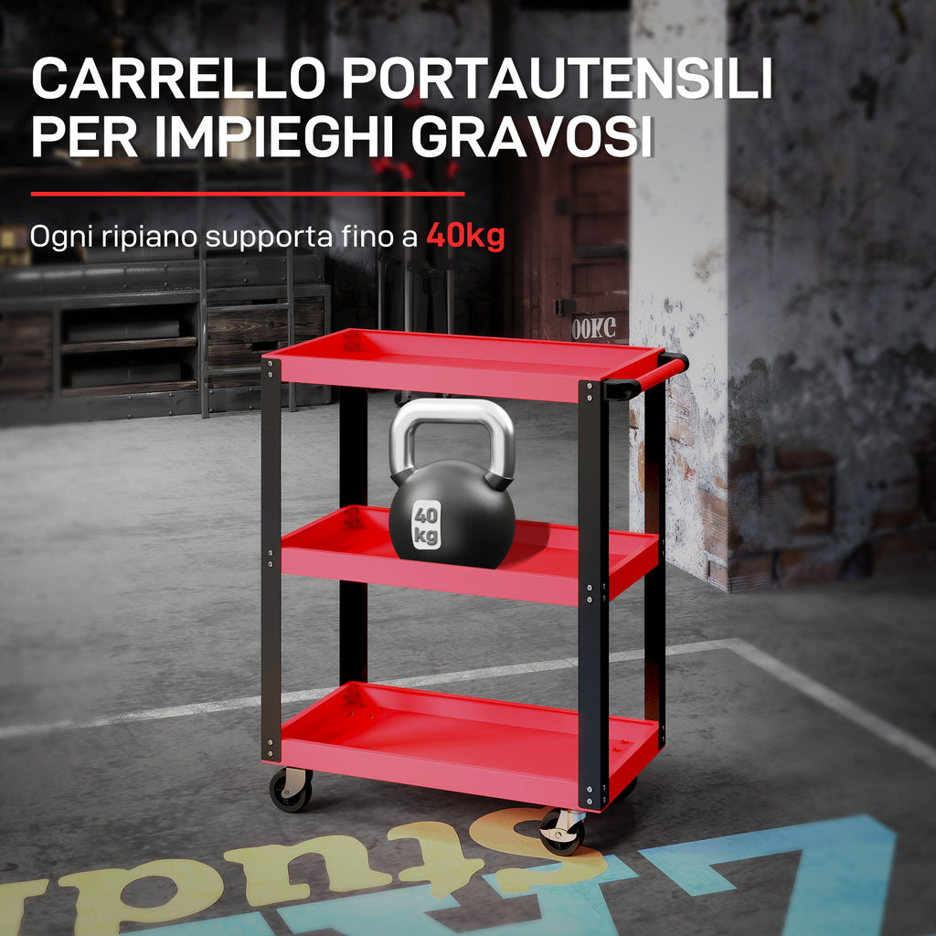 3-Tier Metal and PP Tool Cart, 70.5x35x82.5 cm, Red and Black