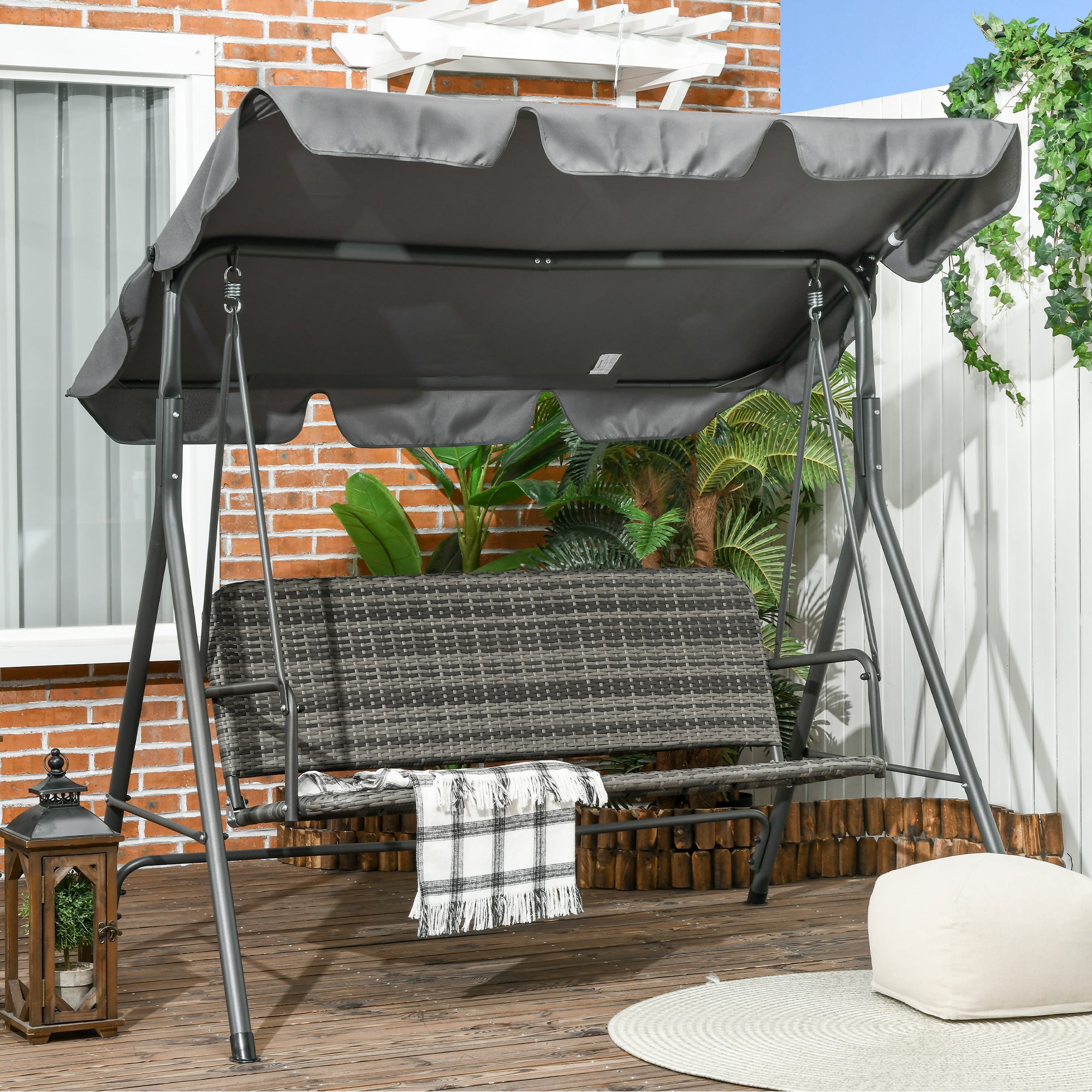 3 Seater Garden Swing with Adjustable Canopy in PE Rattan, 167x112x153cm, Dark Grey