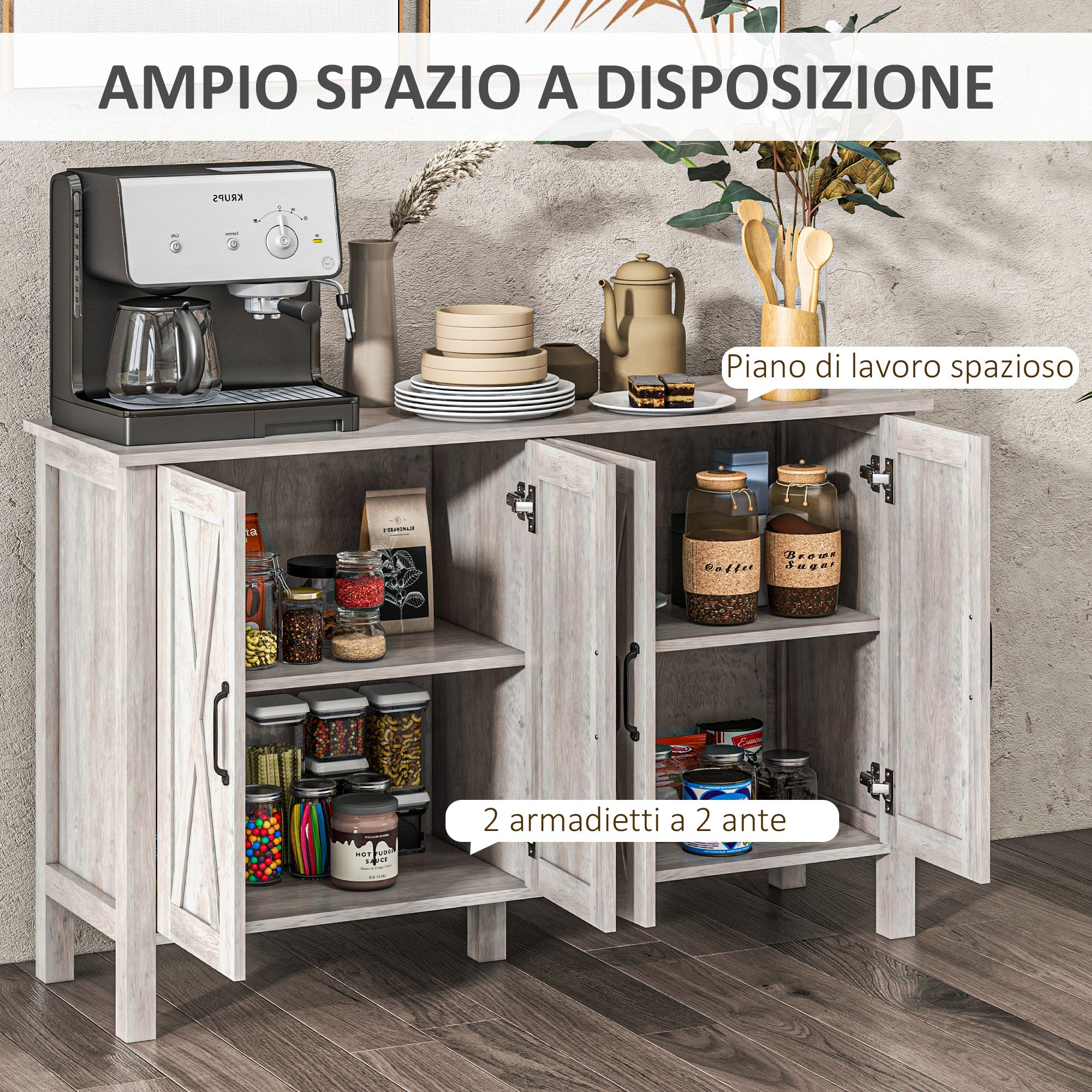 Rustic Multipurpose Cabinet with 4 Adjustable Storage Shelves, Wooden, 120x37x75 cm, Grey