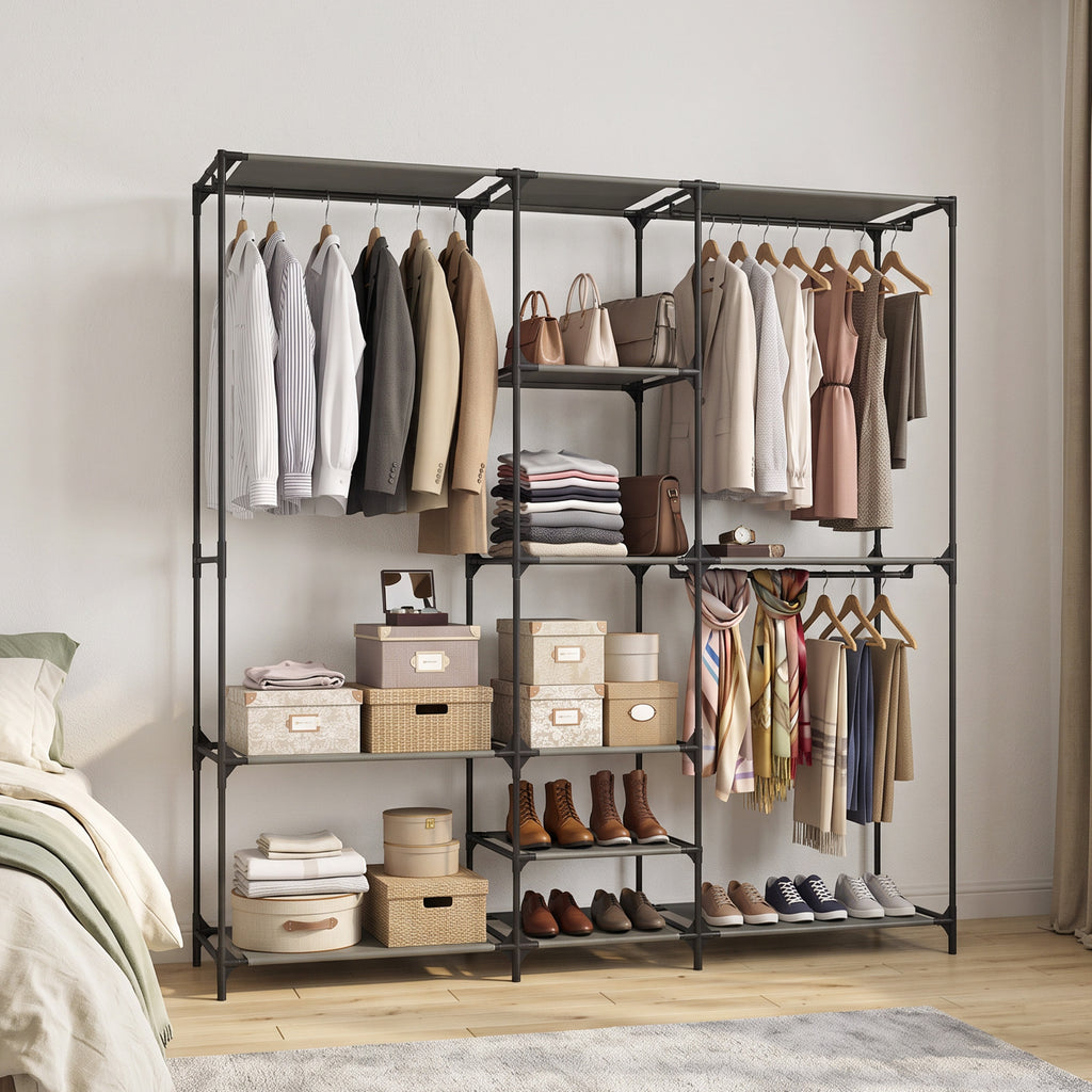 HOMCOM Space-Saving Open Wardrobe with 3 Hanging Rails, 5 Shelves, Steel Frame, 182x43x182 cm, Black