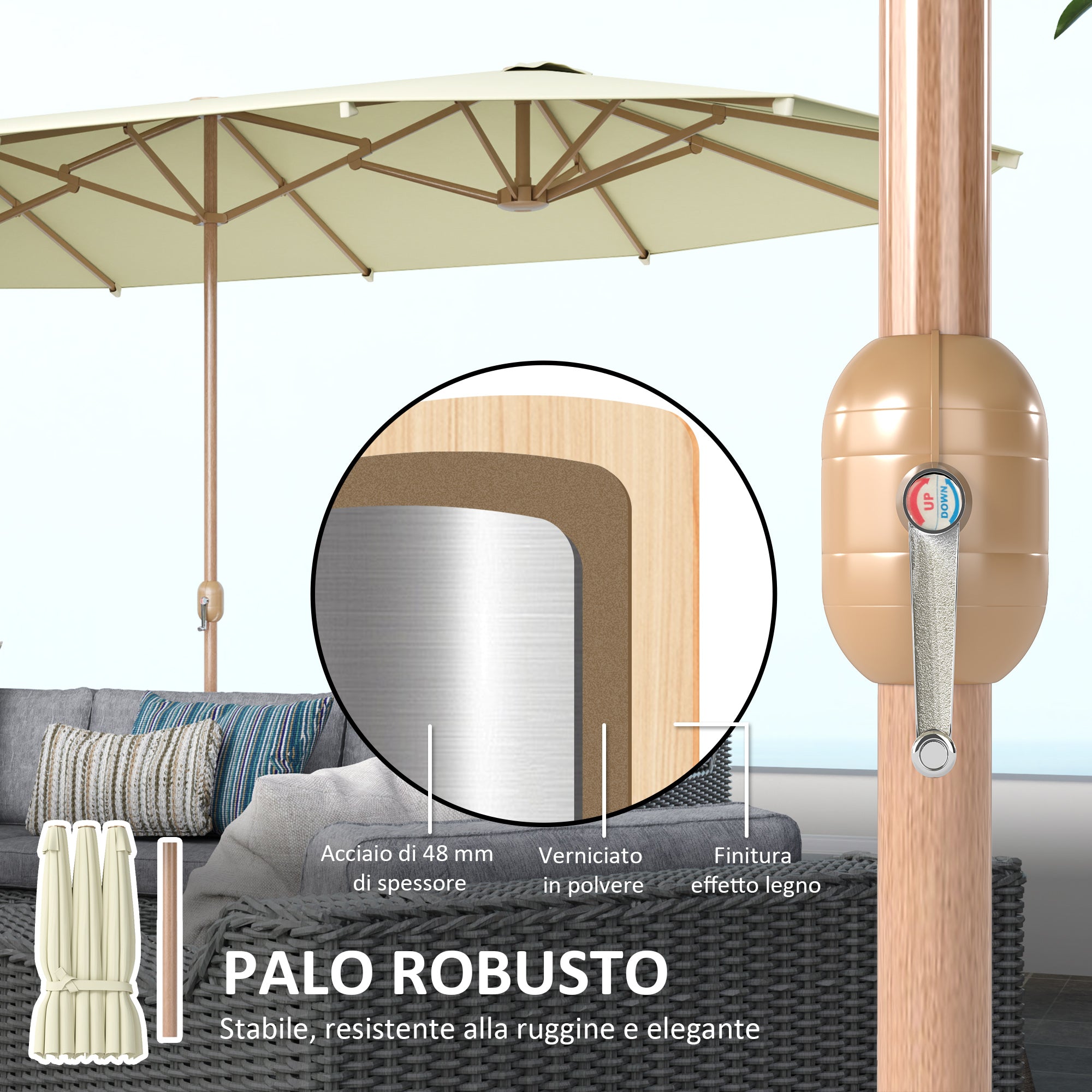 Double Umbrella with Crank Opening, in Stainless Steel and Polyester, 455x265x238 cm, Beige