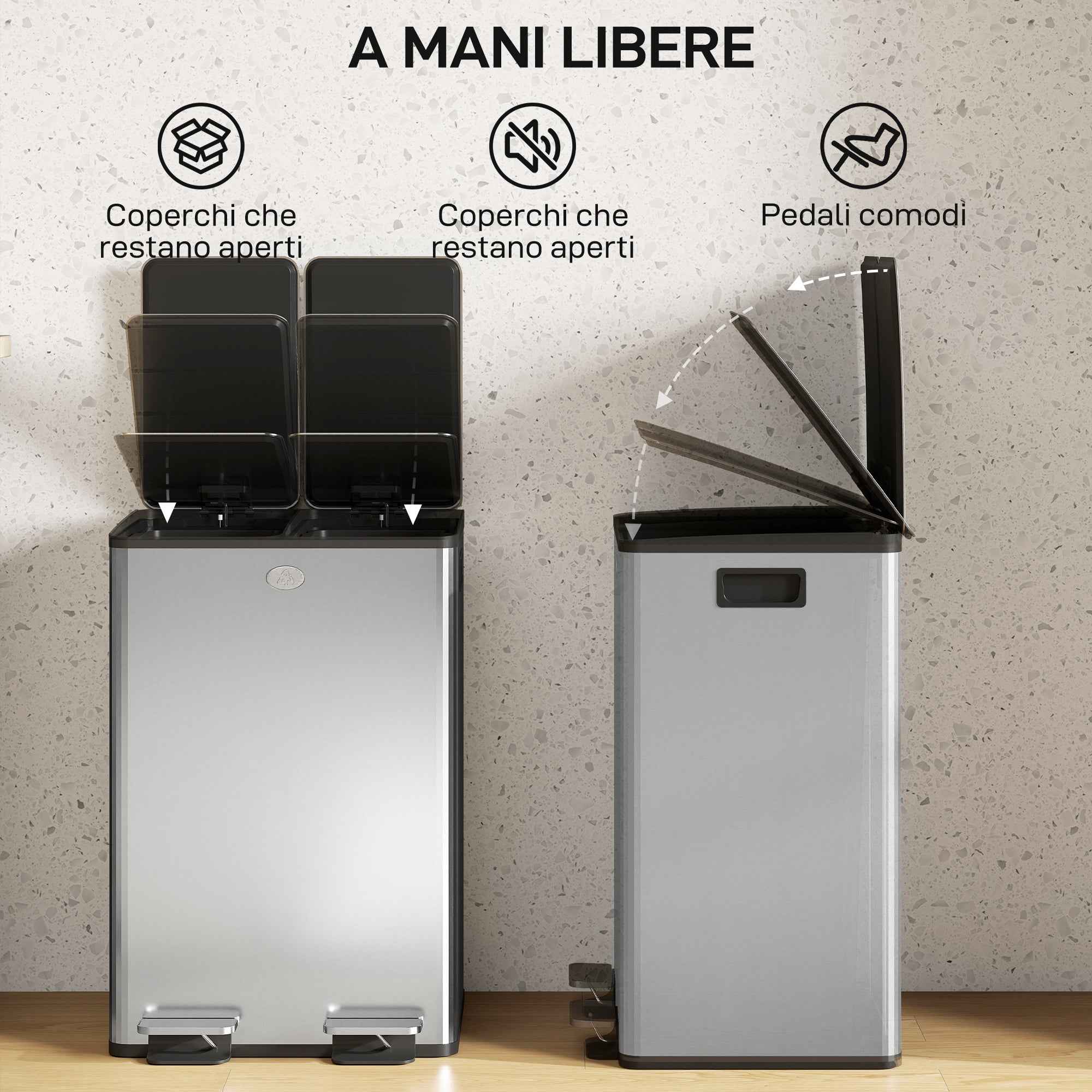 HOMCOM 2-Compartment Waste Bin, 28L, Silver