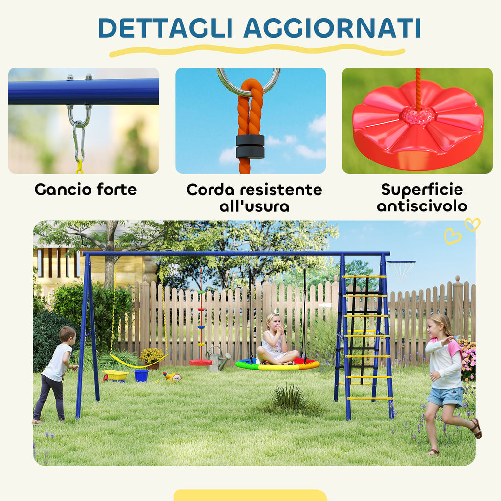 Children's Play Set 3-8 Years with 3 Swings, Rope Ladder and Basketball Hoop, in Steel, PE and PP, 3.5x1.8x2 m