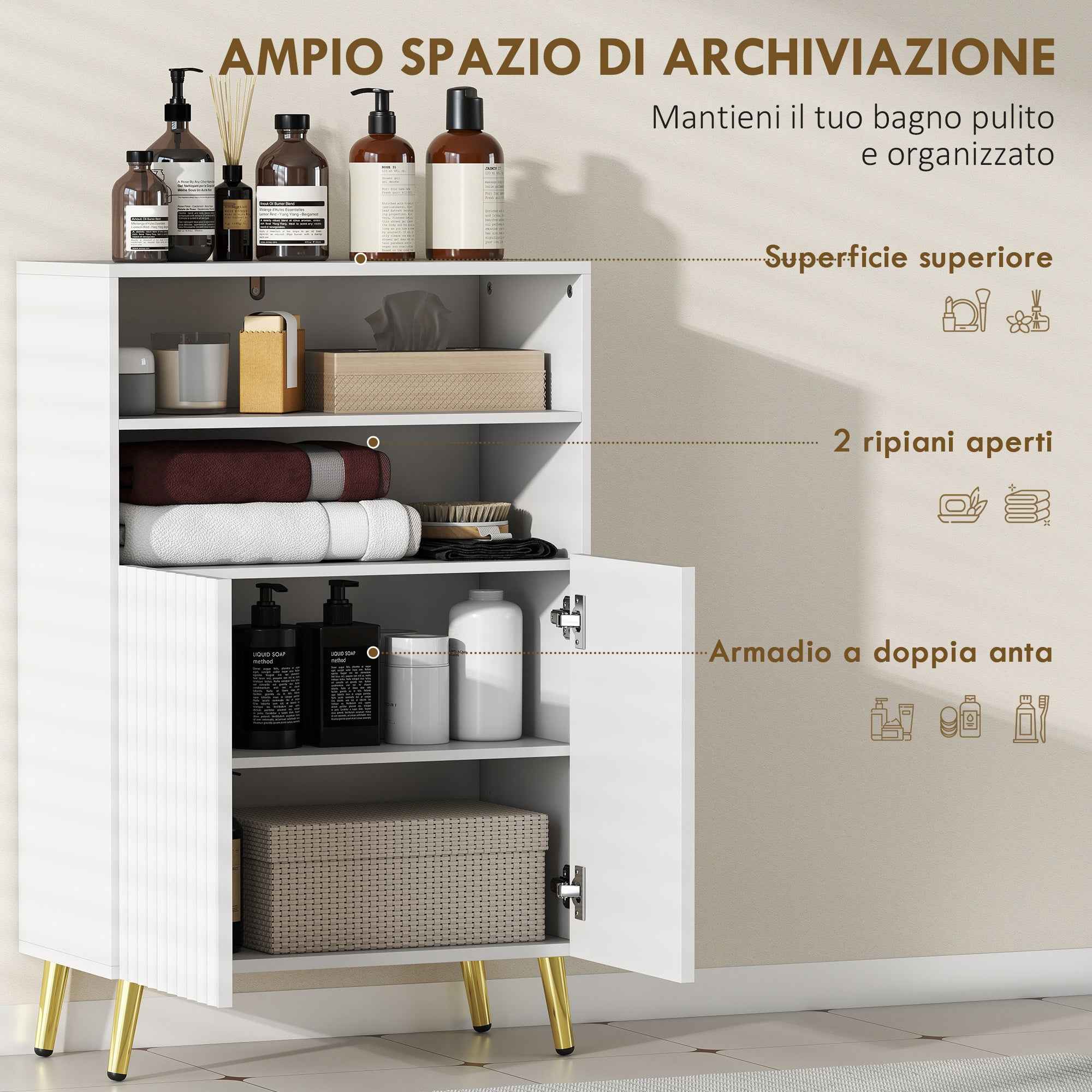 HOMCOM Modern Bathroom Cabinet with 2 Open Shelves and Soft-Close Doors, 60x31.8x93 cm, White