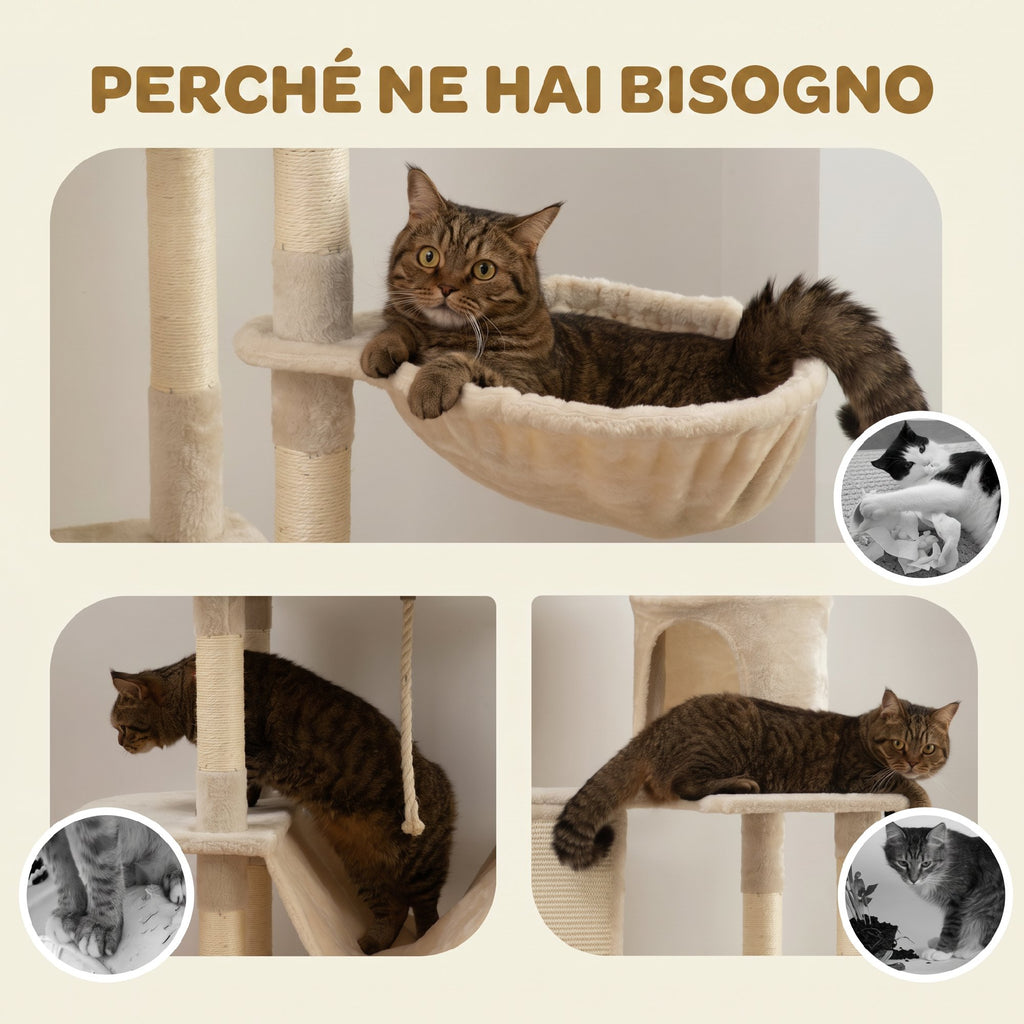 PawHut Cat Scratching Post, 206cm Tall, with 4 Scratching Posts, Caves, Baskets, Hammocks, for 1-3 Kittens 6kg, Beige