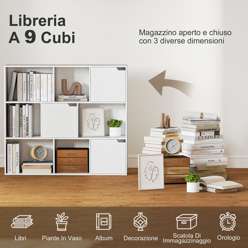 Cube Bookcase with 6 Open and 3 Closed Sections, White Wood, 106x24x95 cm