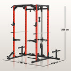 Fitness Station with Barbell Support and Pull-Up and Dip Bar, in Steel, 191x153x205 cm, Red and Black