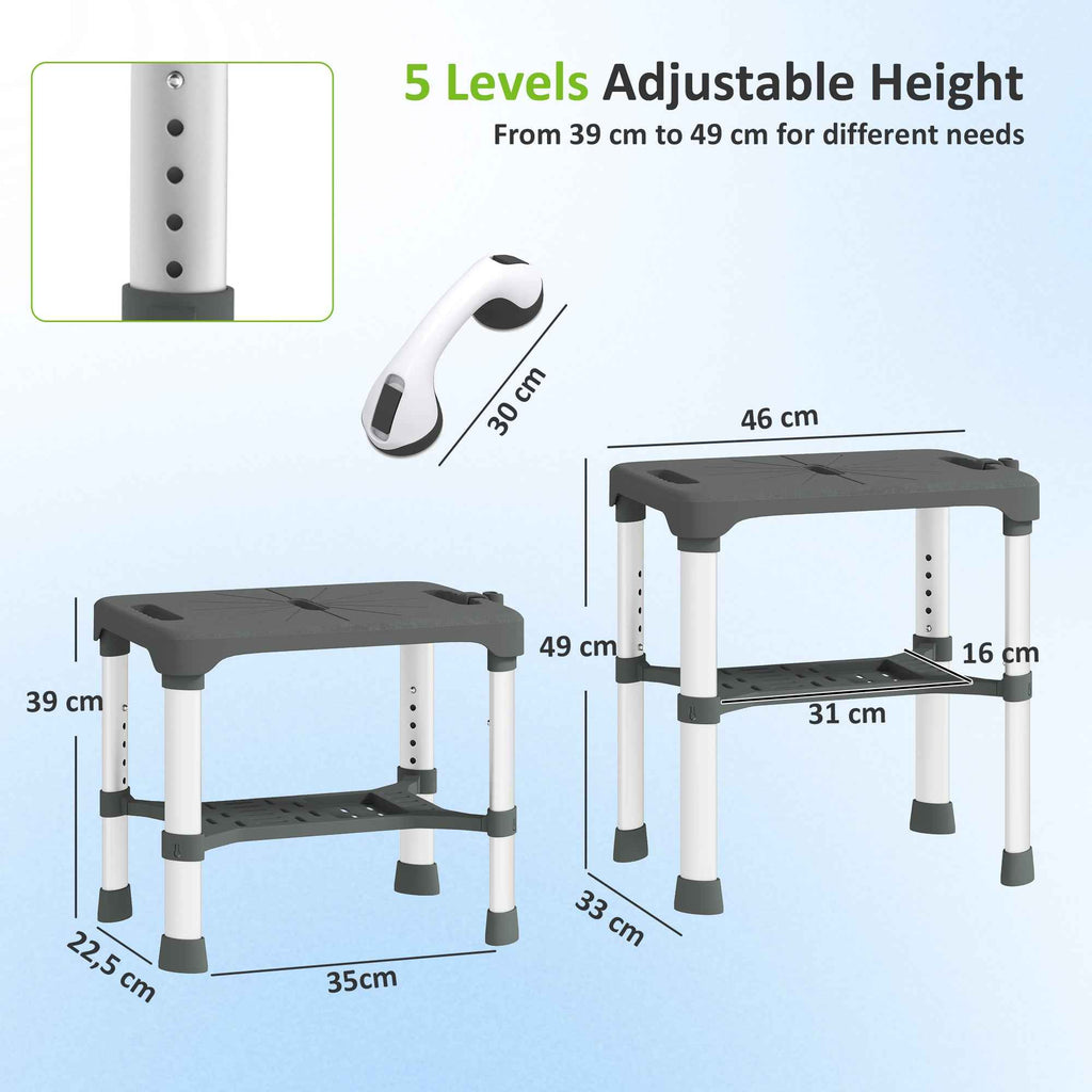HOMCOM Aluminum Shower Stool with Integrated Shelf, 5-Level Adjustable Height, 150kg Load Capacity, Gray