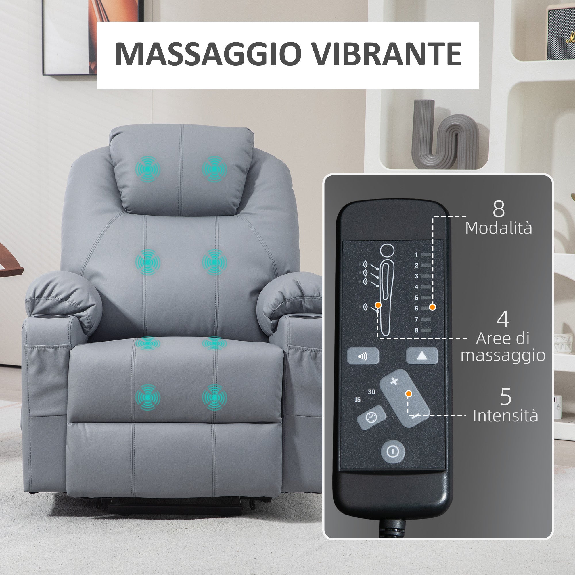 Lift Chair Reclining up to 135° with 8 Massage Points, Remote Control and Footrest, 88x99x106 cm, Grey