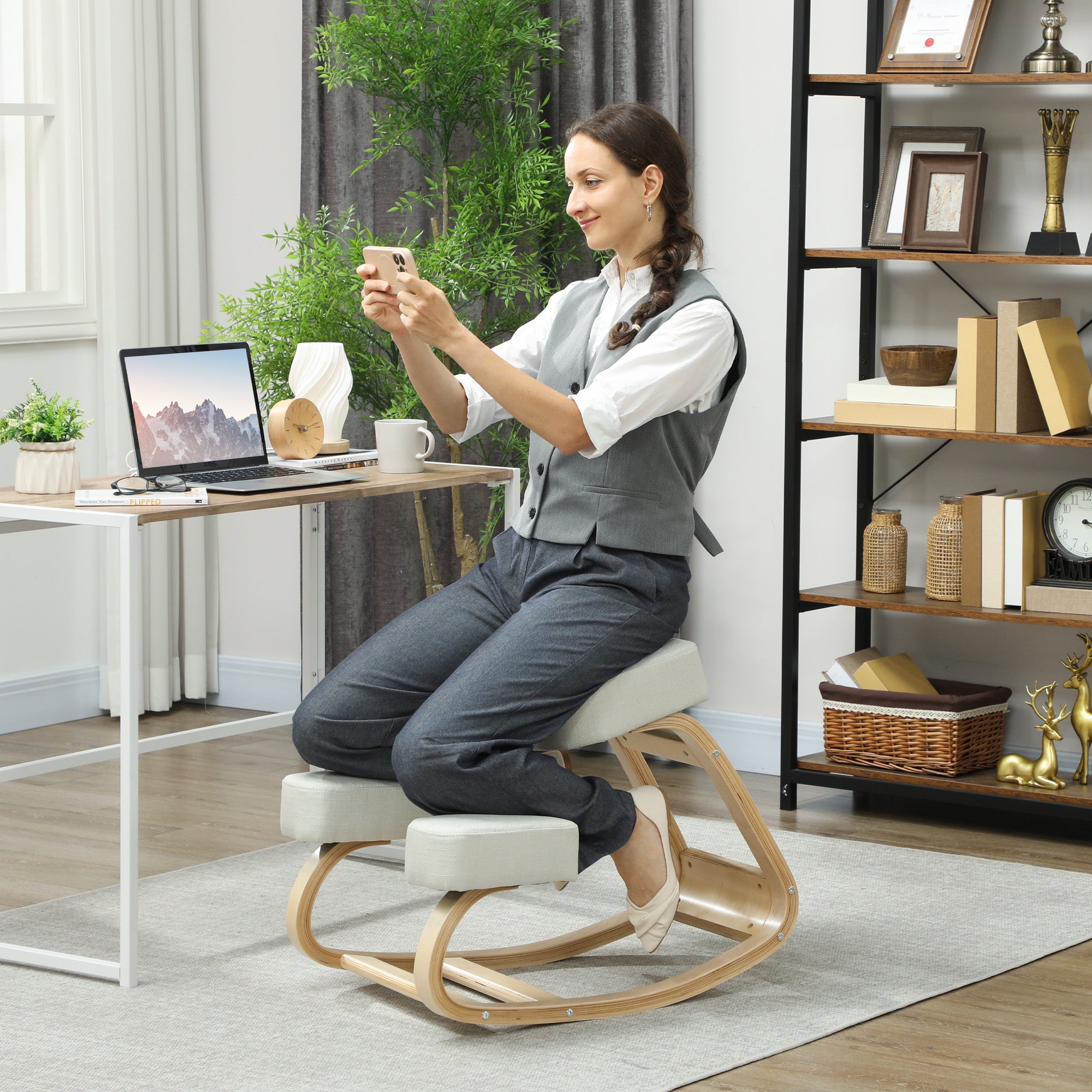 Ergonomic Chair with Birch Wood Kneeler and Cushion, 51x69x58 cm, Cream