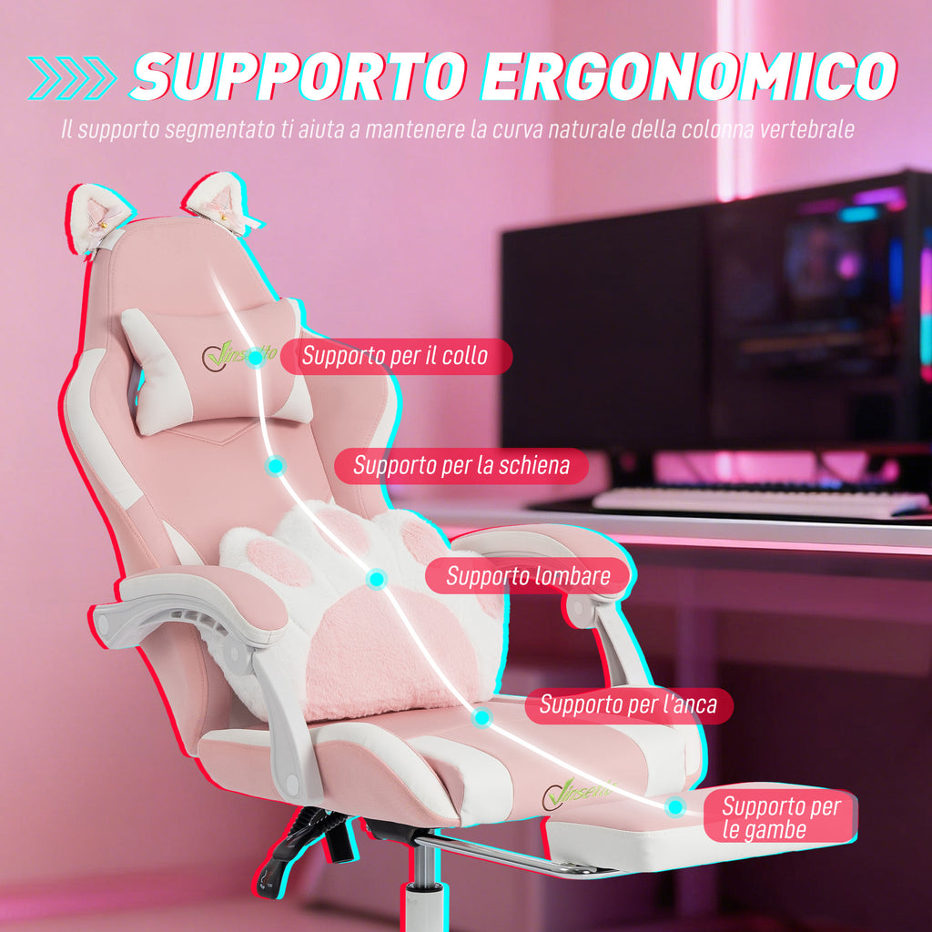 Gaming Chair Ergonomic Reclining Gaming Chair with Footrest Pink