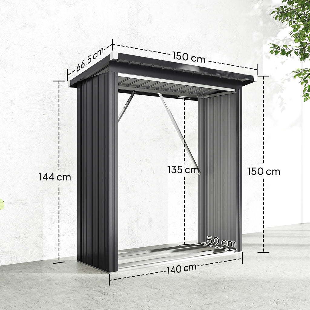 Outdoor Steel Log Shed, Raised Base and Sloped Roof, 150x66.5x150 cm, Dark Grey