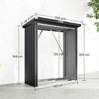 Outdoor Steel Log Shed, Raised Base and Sloped Roof, 150x66.5x150 cm, Dark Grey