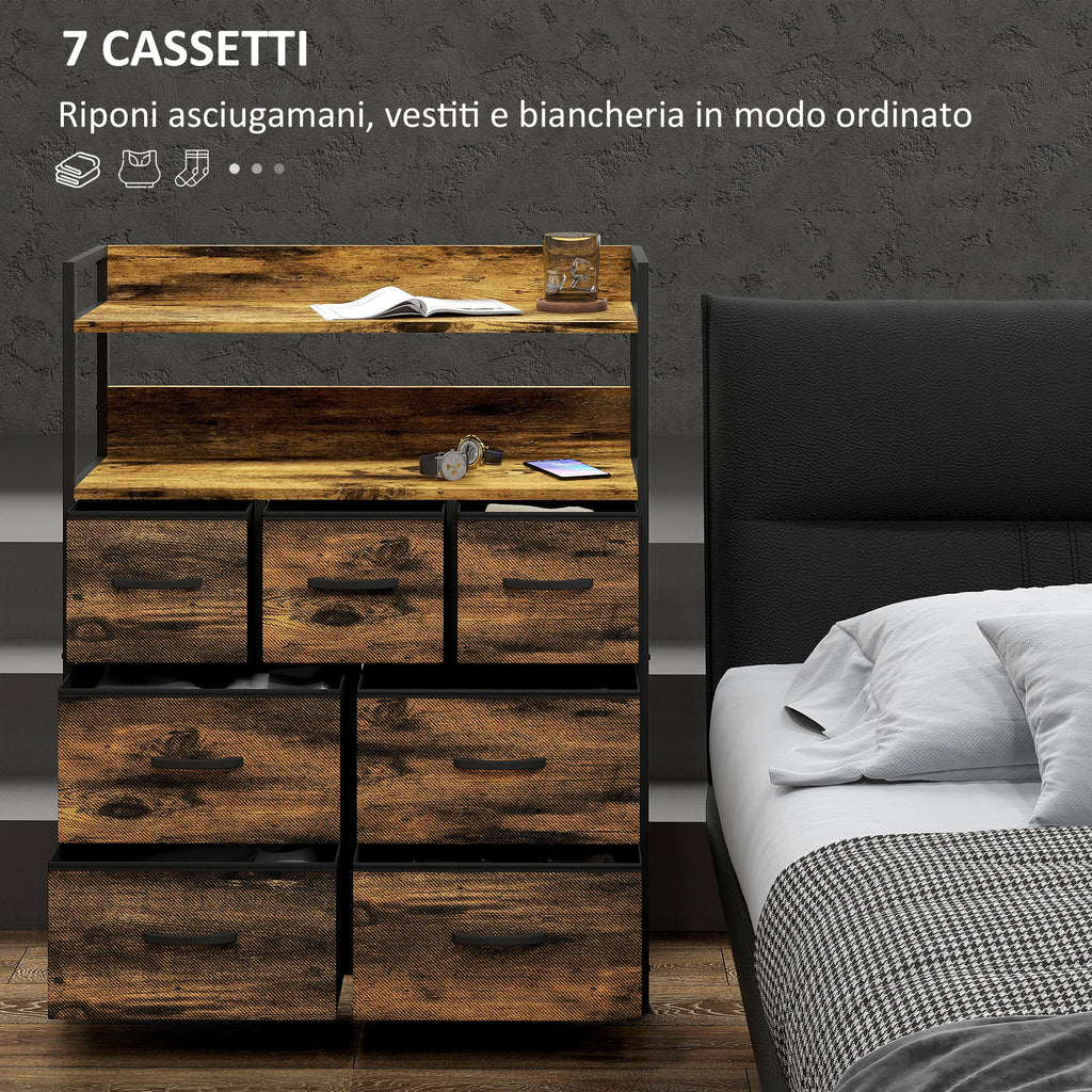 Chest of Drawers 7 Removable Drawers with 2 Shelves Industrial in Wood and Steel, 79x29x101 cm, Brown and Black