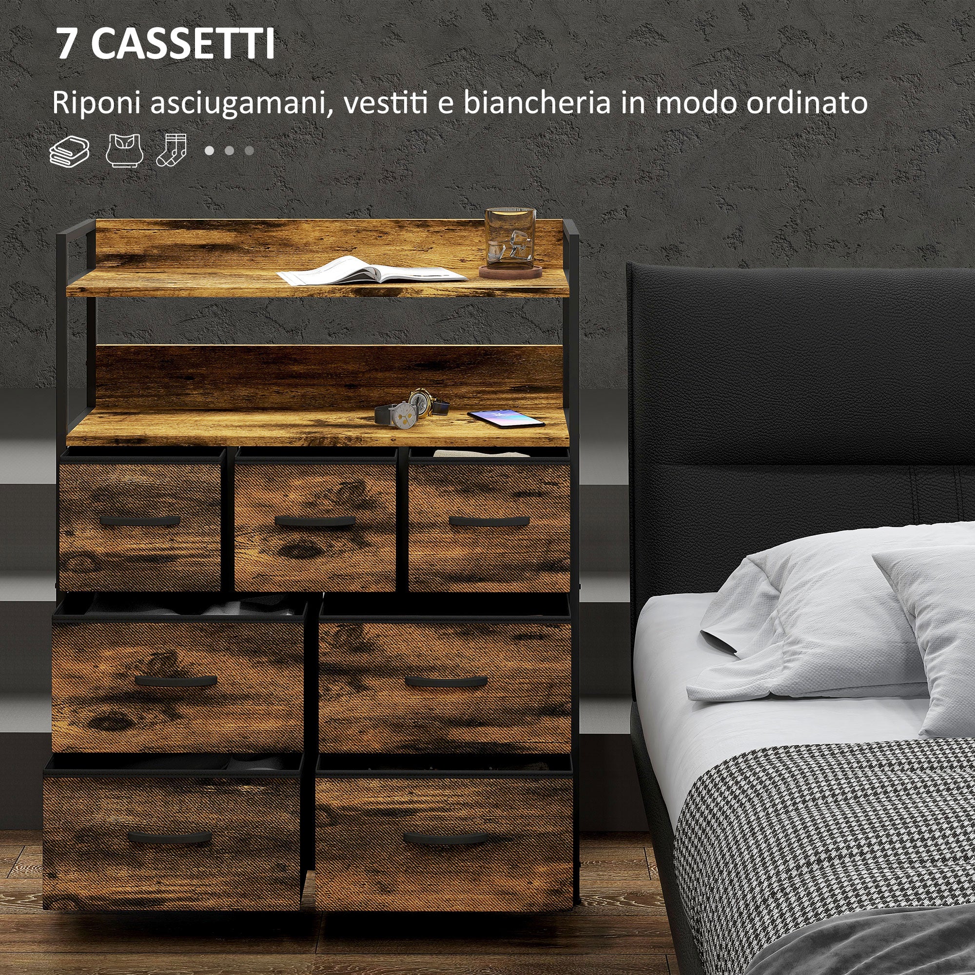 Chest of Drawers 7 Removable Drawers with 2 Shelves Industrial in Wood and Steel, 79x29x101 cm, Brown and Black