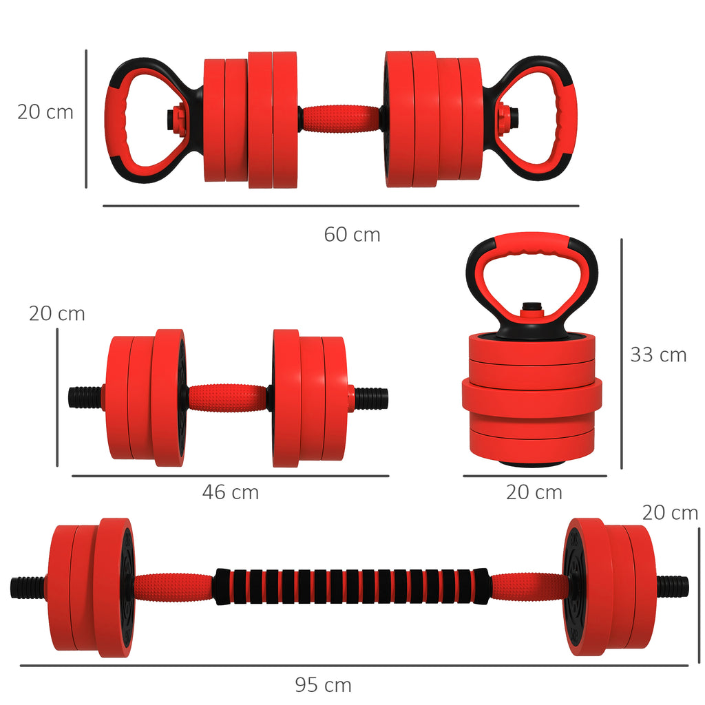 SPORTNOW 4 in 1 20kg Gym Weight Set, Convertible into Kettlebell, 2 Dumbbells, Barbell and Push-up Stand, Red