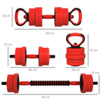 SPORTNOW 4 in 1 20kg Gym Weight Set, Convertible into Kettlebell, 2 Dumbbells, Barbell and Push-up Stand, Red