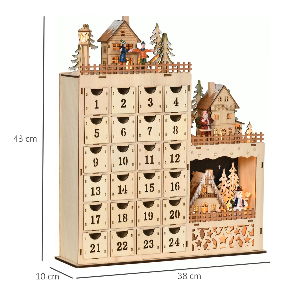 Rectangular Christmas Advent Calendar with Themed Patterns and 12 LED Lights, 22x9x30 cm, Plywood, Orange