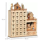 Rectangular Christmas Advent Calendar with Themed Patterns and 12 LED Lights, 22x9x30 cm, Plywood, Orange